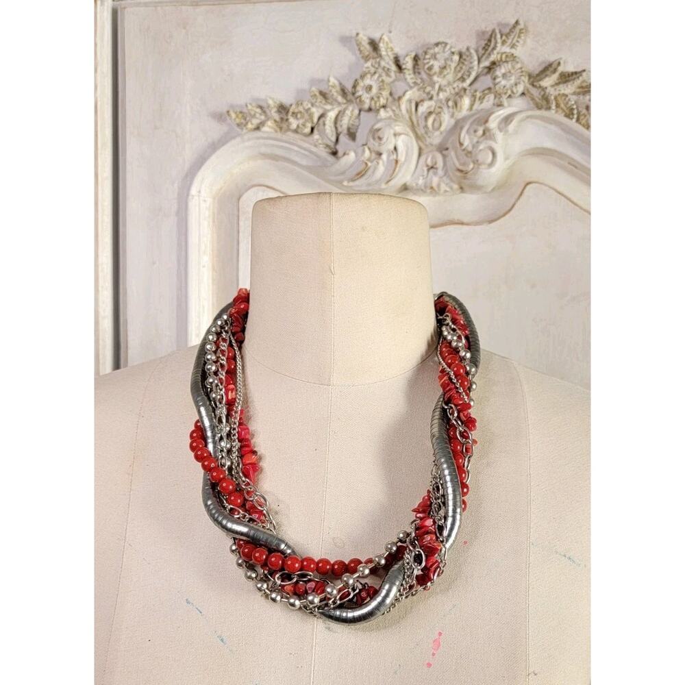 Vintage Silver Tone/red natural Stone Coral Multi Strand Necklace Signed Yousi